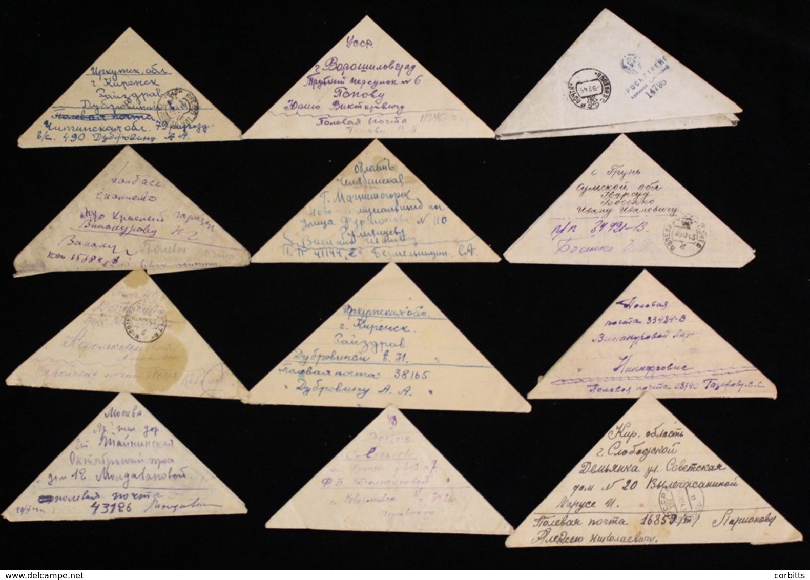 1940's Accumulation Of Fifty Triangular Letters Sent By Soviet Soldiers During WWII, All Bear Appropriate Postal Marking - Altri & Non Classificati