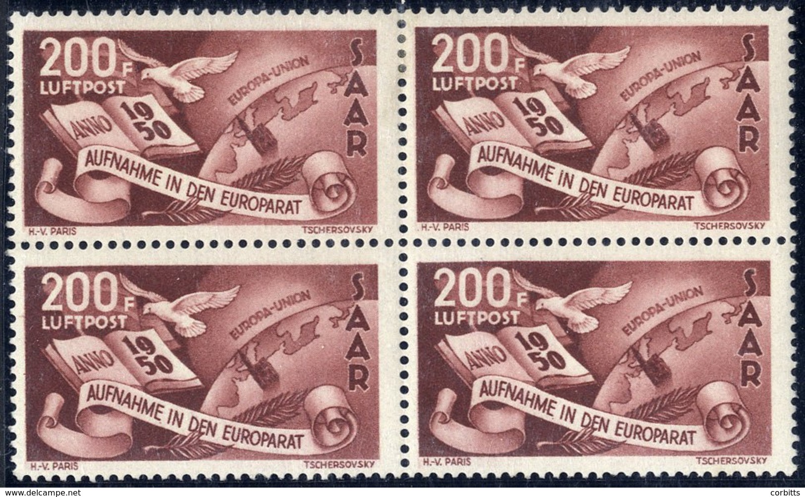 1950 Council Of Europe Air 200f Block Of Four, Superb Fresh M (two UM), SG.295. Cat. £640+ - Other & Unclassified