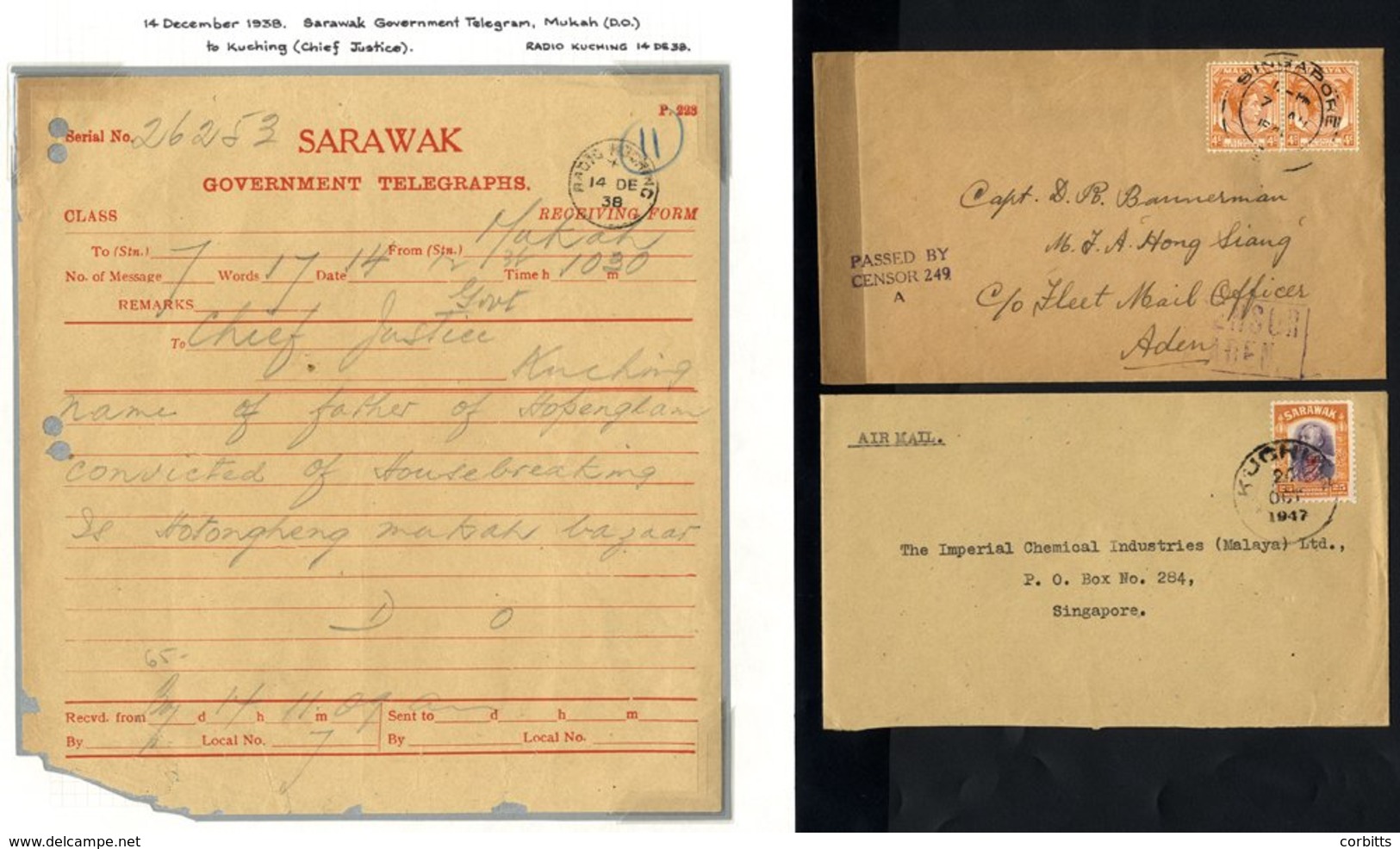 1938-77 Small Accumulation Incl. 1938 Telegram With Scarce RADIO KUCHING Cancel, 1947 Cover To Singapore & Three Registe - Altri & Non Classificati