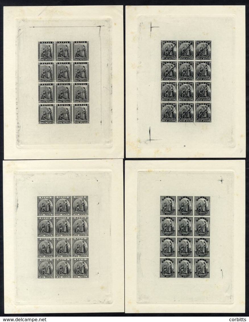 NEVIS 1861 1d, 4d, 6d & 1s - Set Of Four Sheetlets Of 12, Plate Proofs In Black Reprinted By The Royal Philatelic Soc. I - Altri & Non Classificati