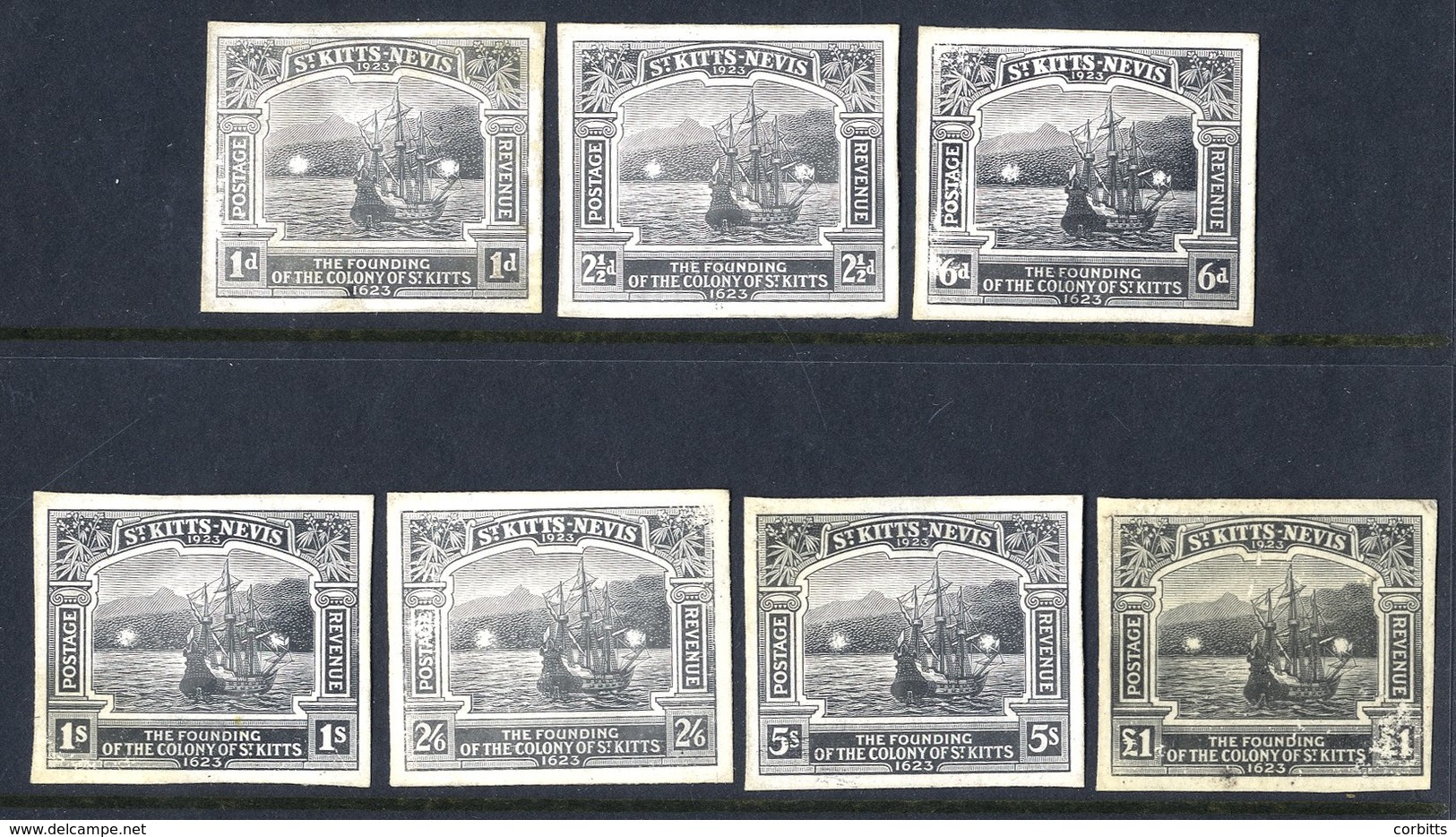 1923 Tercentenary 1d, 2½d, 6d, 1s, 2/6d, 5s & £1 Complete Die Proofs With Vignette Type B, Each Stamp-size In Black On G - Altri & Non Classificati