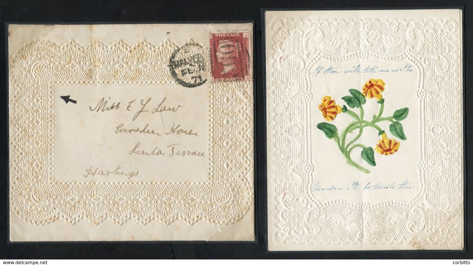 VALENTINE 1871 Embossed 'lace' Envelope With Original Matching Card With Hand Painted Flower Addressed To Hastings, 1d R - Other & Unclassified