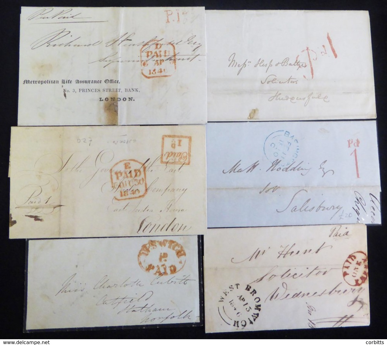 UNIFORM PENNY POST 1840-46 Covers With 1d Postmarks Of Basingstoke, Romford, Bradford, Halifax, Ipswich & West Bromwich. - Altri & Non Classificati