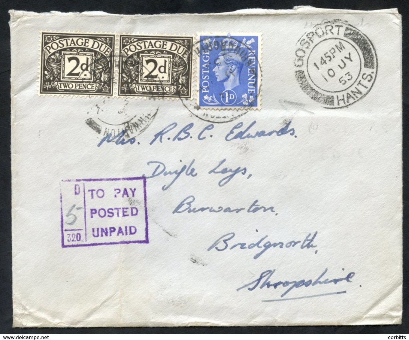 1950 10th July Cover From Gosport To Burwarton, Bridgnorth With 5d Postage Due Boxed Mark, Bears Pair 2d Dues Plus 1d KG - Altri & Non Classificati