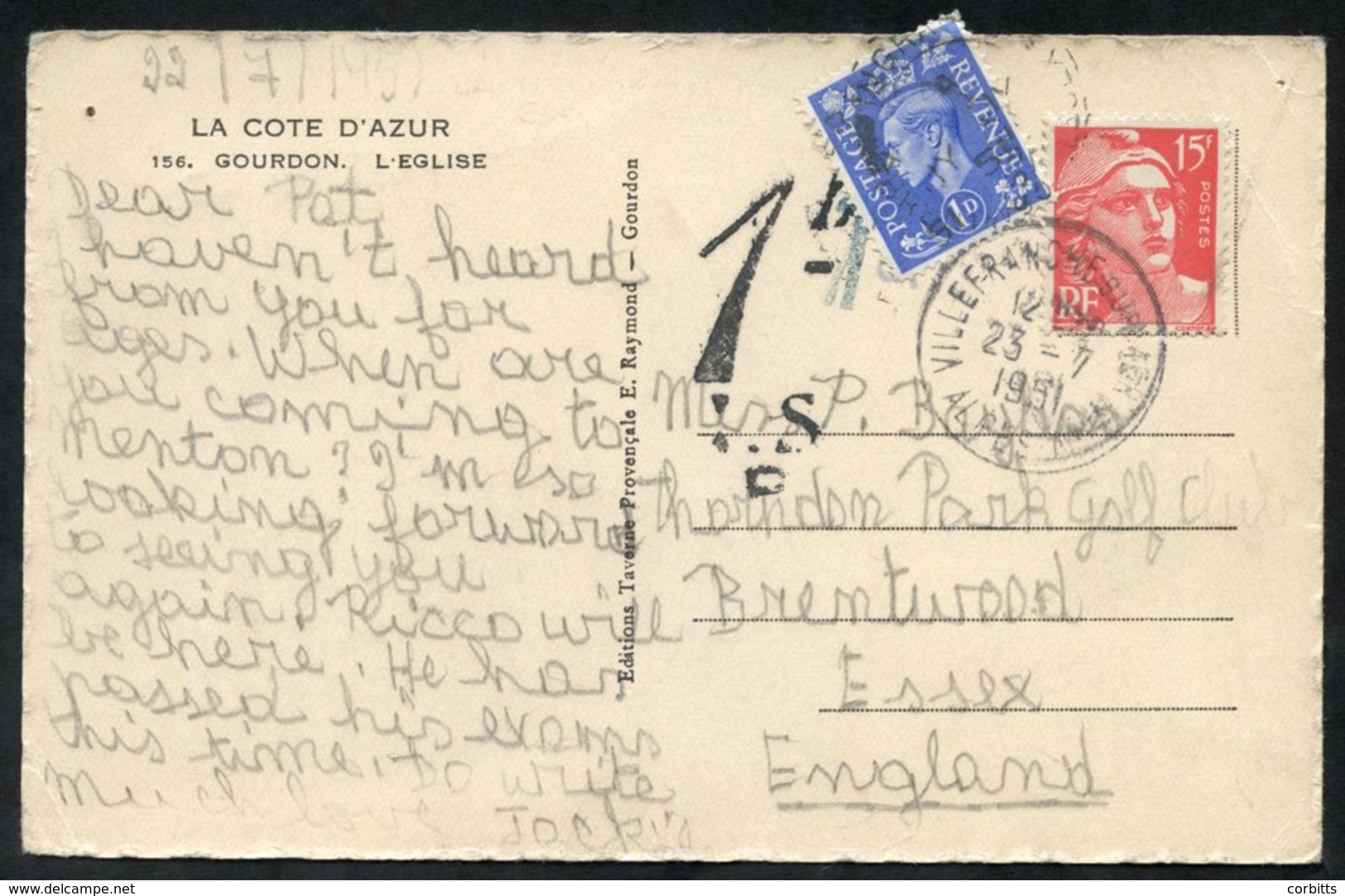 1951 July 23rd PPC From France To Brentwood, UK, Franked 15f Marianne, Bears 1d Postage Due Mark, Paid With KGVI 1d Defi - Altri & Non Classificati