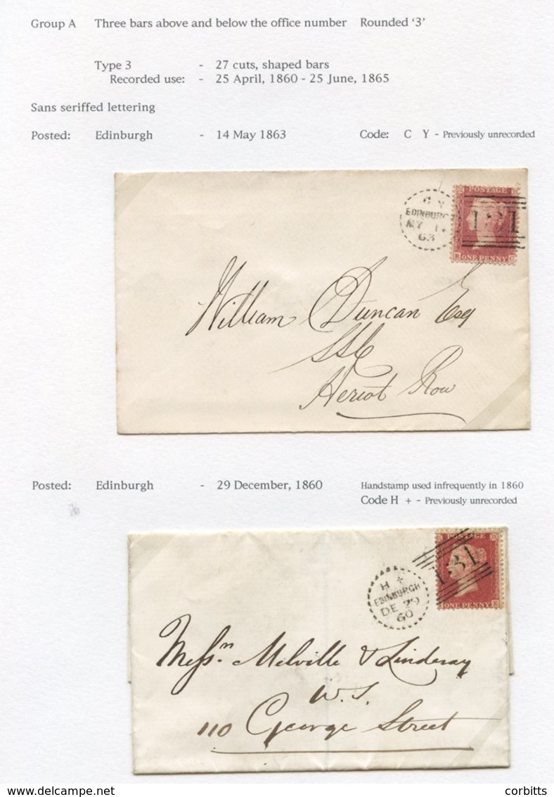 EDINBURGH DUPLEX CANCELS 1861-81 Collection Of Covers & Stationery (58) Written Up On Leaves Of Duplexes Tying Perf Line - Sonstige & Ohne Zuordnung