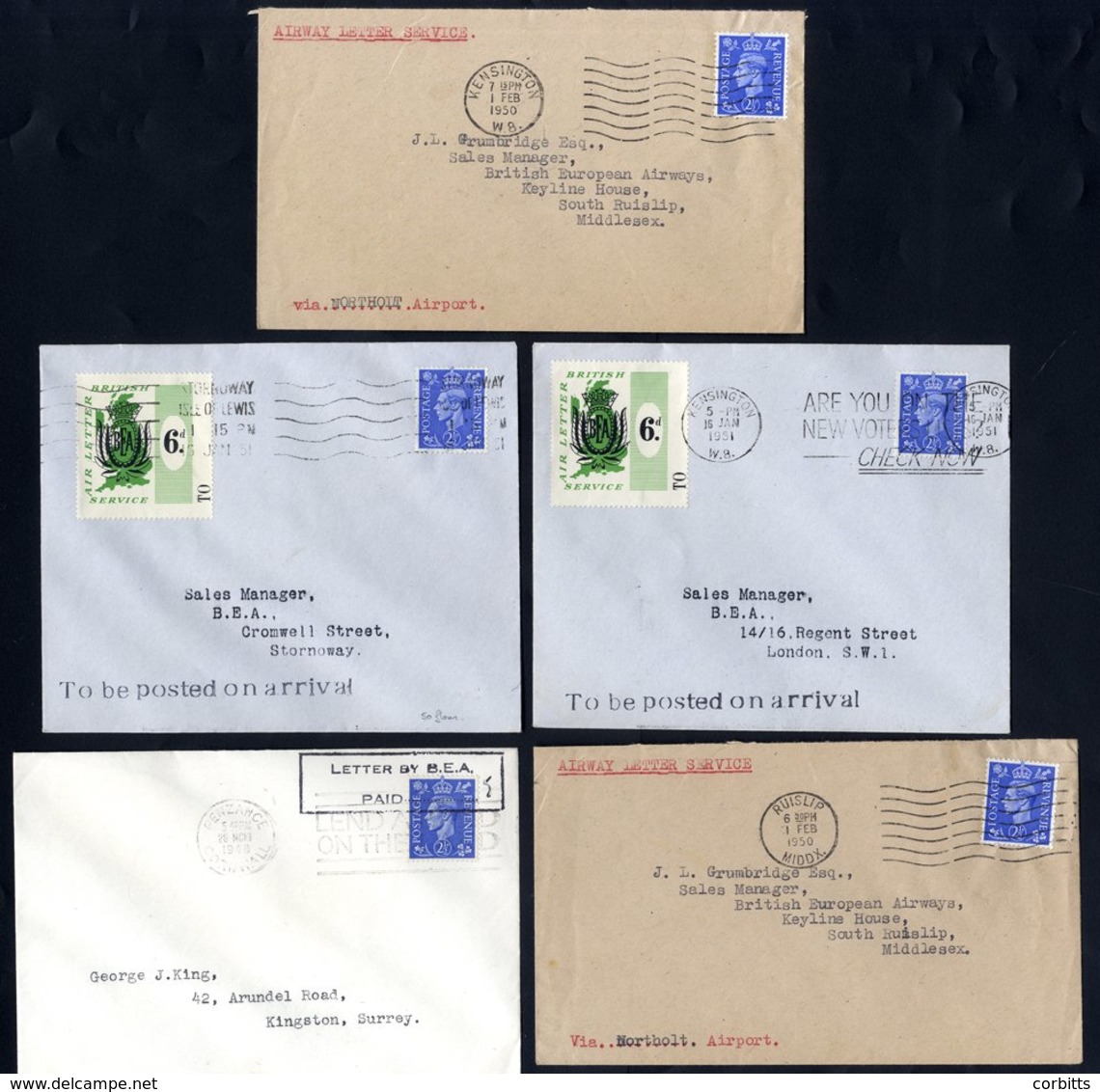 1948-51 First Flight Covers (5) From 1948 BEA Scillies - Penzance Airway Letter Service Cachet 5d Rate, Believed First D - Other & Unclassified
