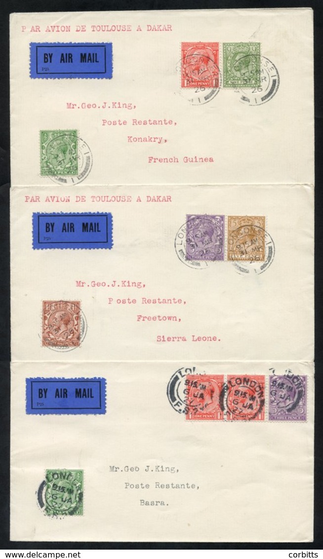 1926-27 First Flight Covers (3) For French Toulouse/Dakar Service Cover From London - Conakry, Back Stamped Dakar & Cona - Other & Unclassified