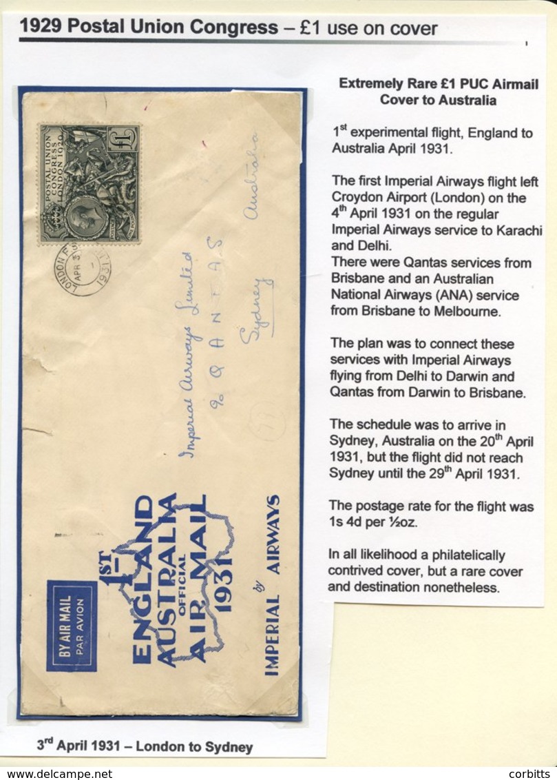 1931 April Experimental Flight England To Australia, Imperial Airways Illustrated Envelope Franked £1 PUC, Tied By Londo - Other & Unclassified