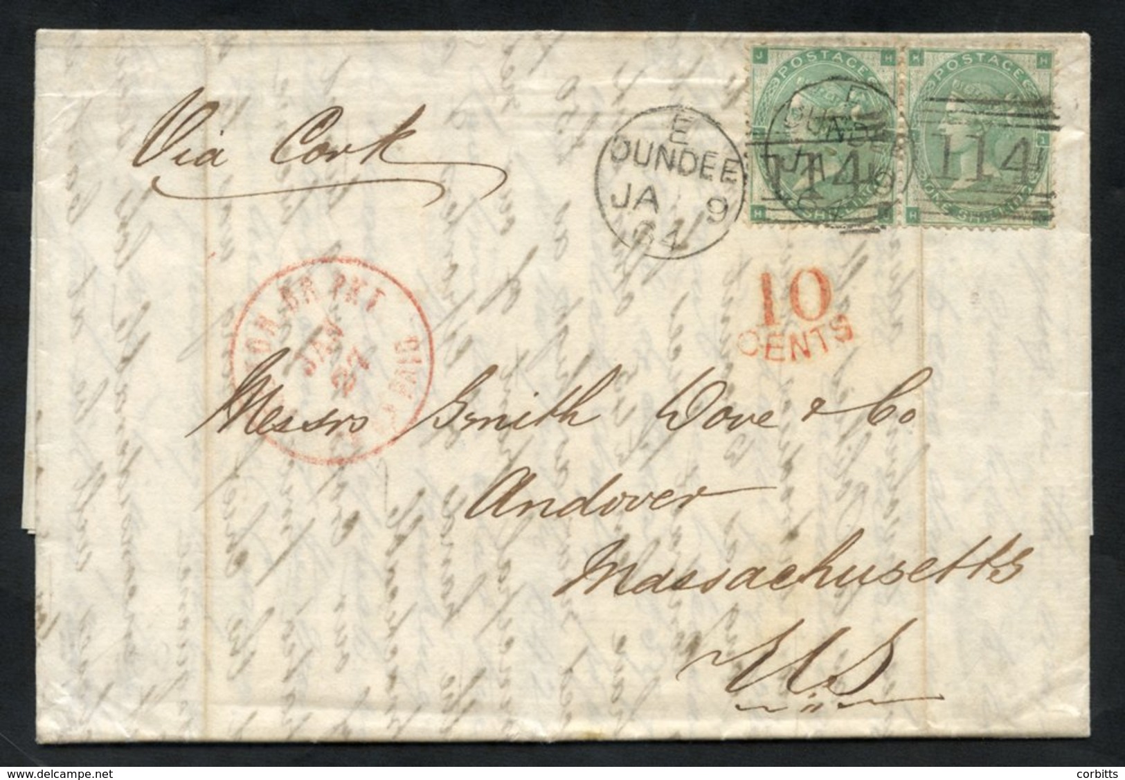 1864 Entire Letter From Dundee Via Cork To Massachusetts, USA, Franked 1s Small Corner Letters Pair, Right Stamp Creased - Other & Unclassified