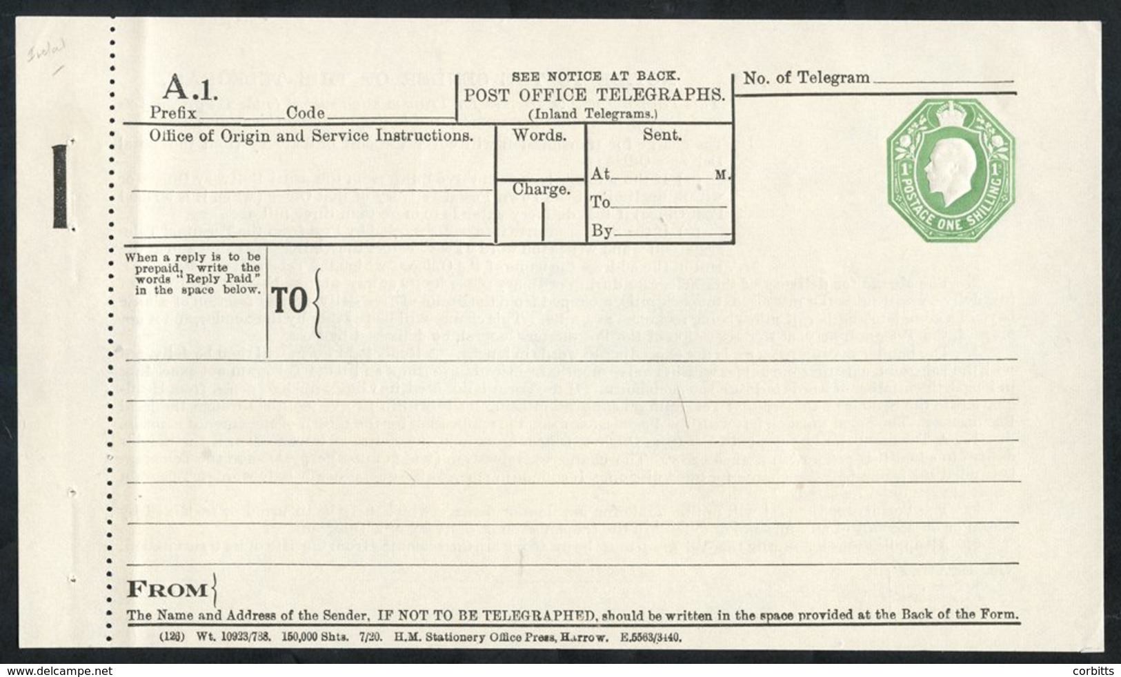 KGV Ireland P.O Telegraph 1s Green Die (TP24A) For Use In Ireland, VF & Rare. - Other & Unclassified