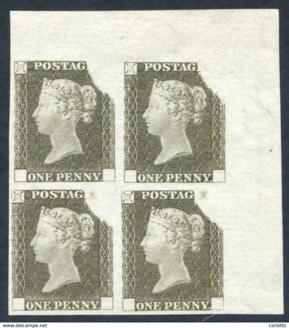 1840 1d Rainbow Trial (State 3) VF Imperf Four Margin Top Right Corner Marginal Block Of Four Printed In Drab On Thick B - Other & Unclassified