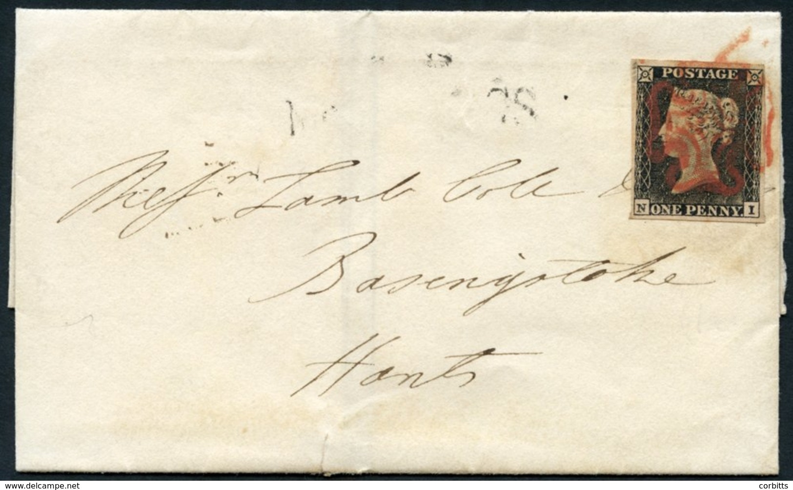 1840 July 22nd Cover From London To Basingstoke, Franked Pl.1a NI, Large Margined Example, Tied Red MC. - Other & Unclassified
