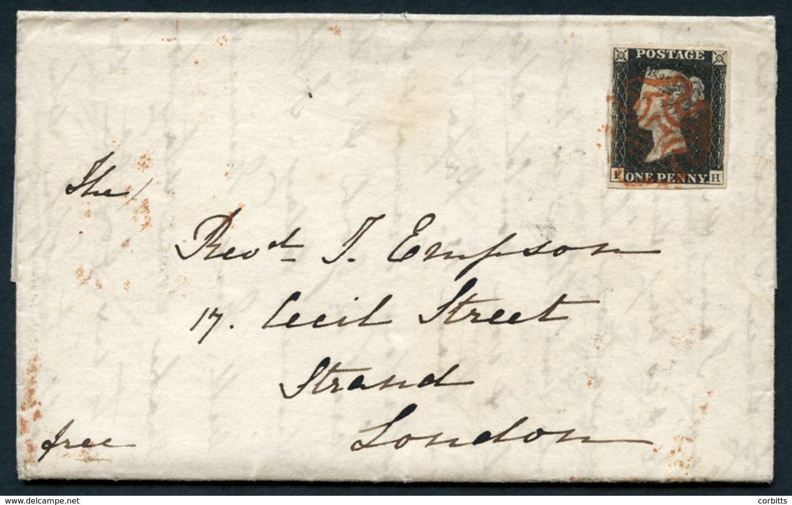 1840 Oct 17th Cover From Knaresborough To London, Franked Pl.1b FH, Large Margined Example Cancelled By A Fine Red MC, R - Other & Unclassified