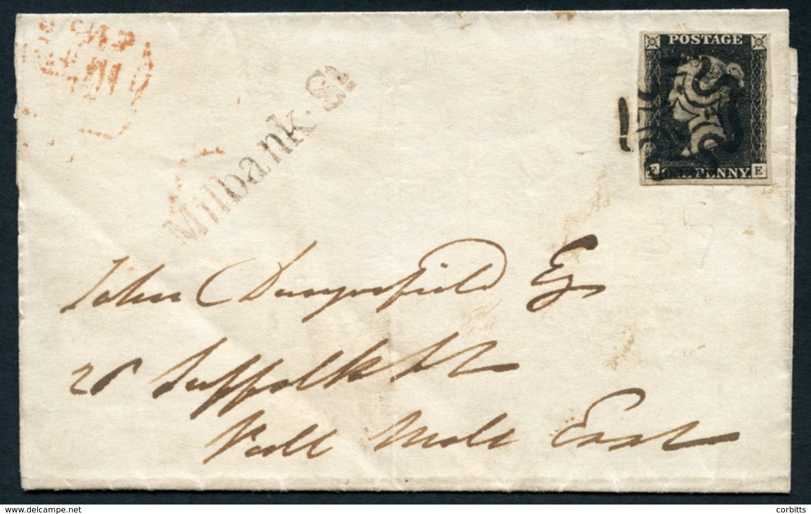 1841 Jan 25th Cover To Pall Mall Franked Pl.5 FE, Good To Large Margins, Cancelled By A Bold Black MC, Obverse Bears 'Mi - Other & Unclassified