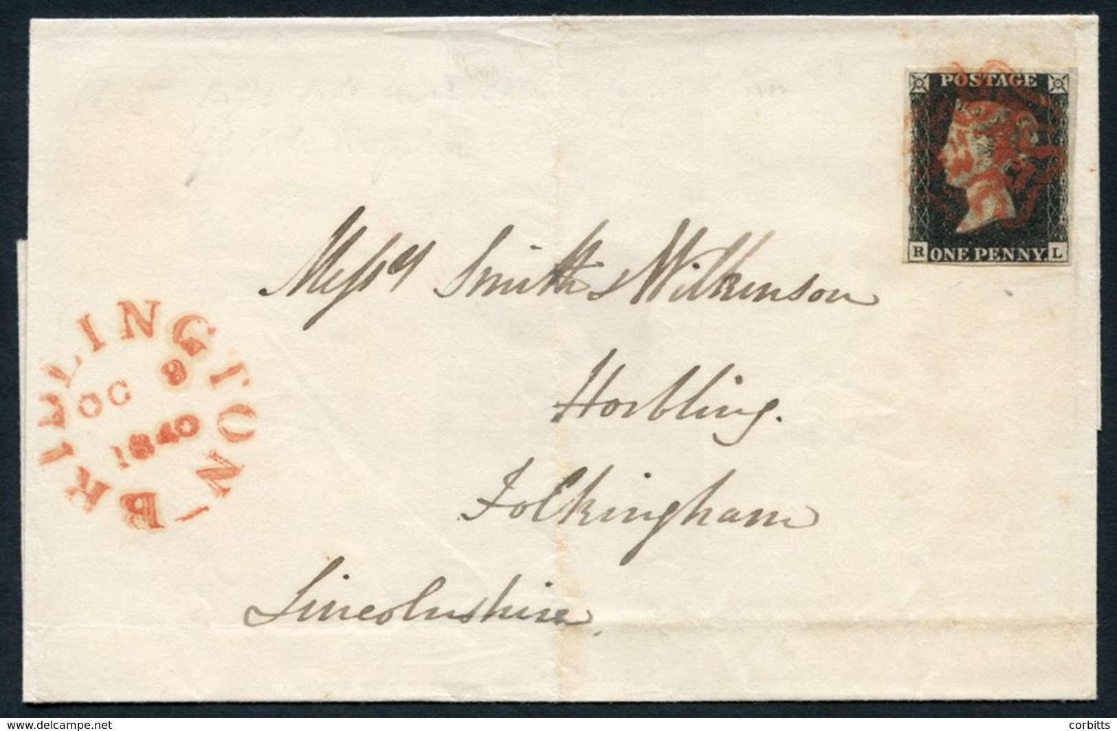 1840 Oct 9th Cover To Folkingham, Lincs, Franked Pl.5 RL, Good To Large Margined Example, Tied Fine Red MC, Obverse Bear - Other & Unclassified