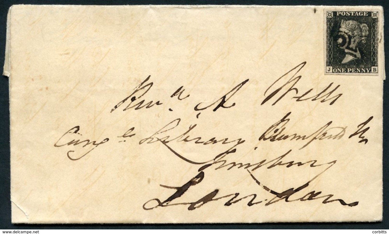 1841 March 27th Cover To London, Franked Pl.6 JB, Good To Large Margins, Cancelled Black MC, Reverse Bears March 28th De - Other & Unclassified