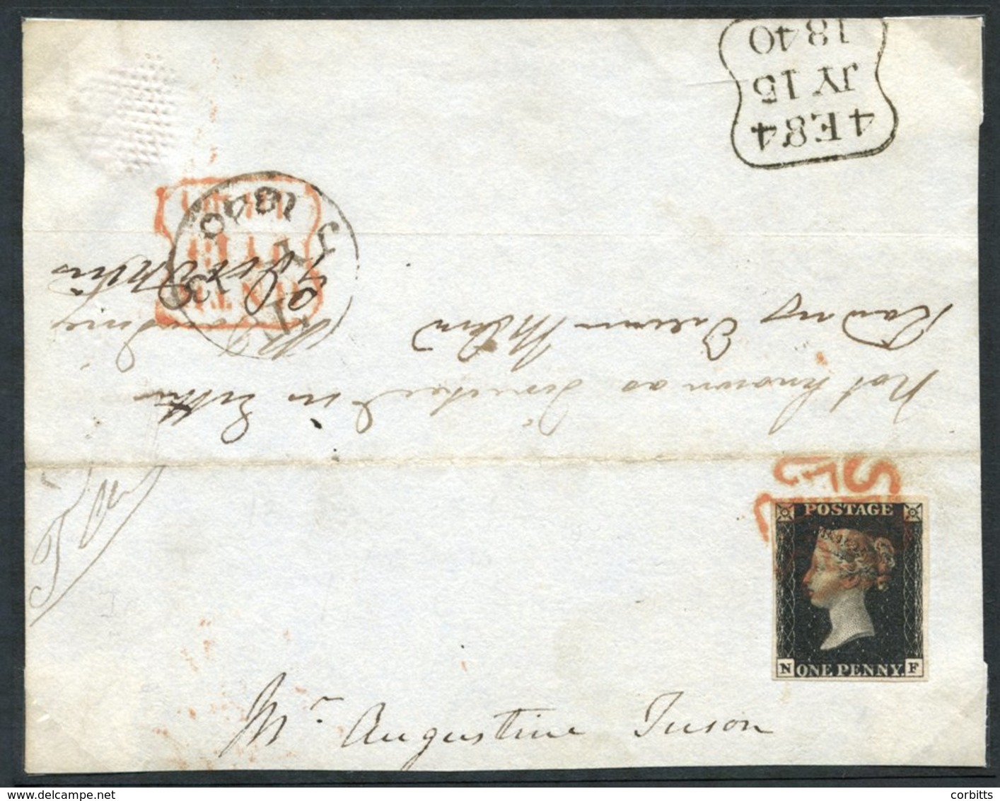 Plate 6 NF (intense Black) Fine Four Margin Example Tied To A Part Cover By A Fine Red MC, Hand Stamp For 13th & 15th Fe - Other & Unclassified