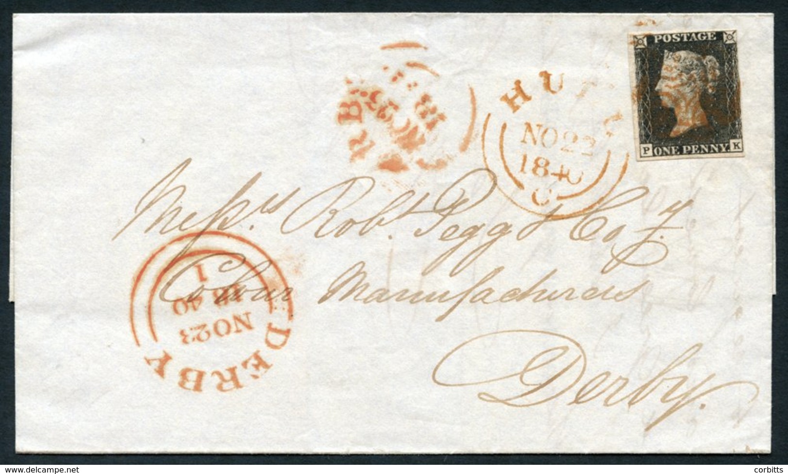 1840 Cover From Hull To Derby Franked Pl.7 PK, Four Good Margins, Cancelled Red MC, Obverse Bears Hull Despatch & Derby  - Other & Unclassified