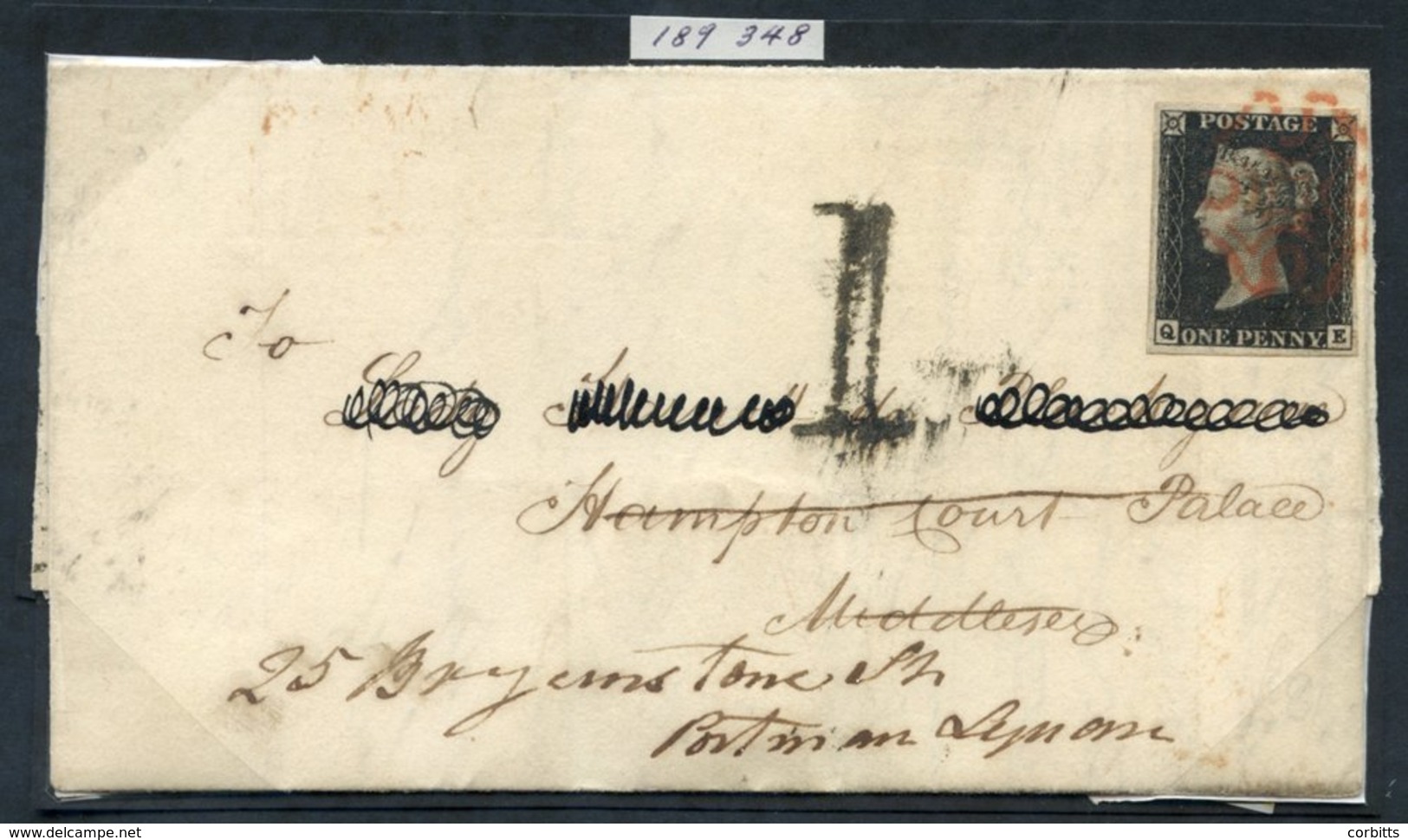 1840 Nov 11th Cover From London To Hampton Court Palace, Franked Pl.7 QE, Fine Four Margin Example Tied With A Neat Red  - Other & Unclassified