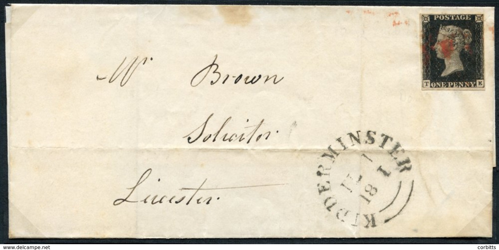 1841 Feb 1st Cover From Kidderminster To Leicester, Franked Pl.8 TE, Good To Large Margins, Cancelled Red Smudged MC, Ob - Other & Unclassified