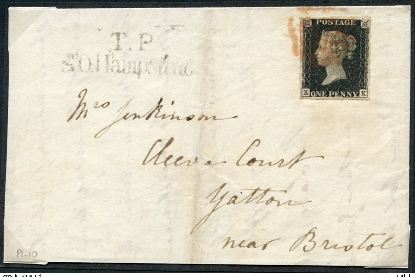 1841 Feb 4th Cover Front & Back Flap From London To Yatton, Nr Bristol, Franked Pl.10 EK, Four Good Even Margins, Tied B - Other & Unclassified