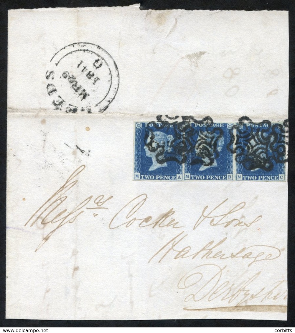 1841 March 29th Part Cover From Leeds To Hathersage, Derbyshire, Franked Pl.2 MA-MC Horizontal Strip Of Three, Good To L - Other & Unclassified