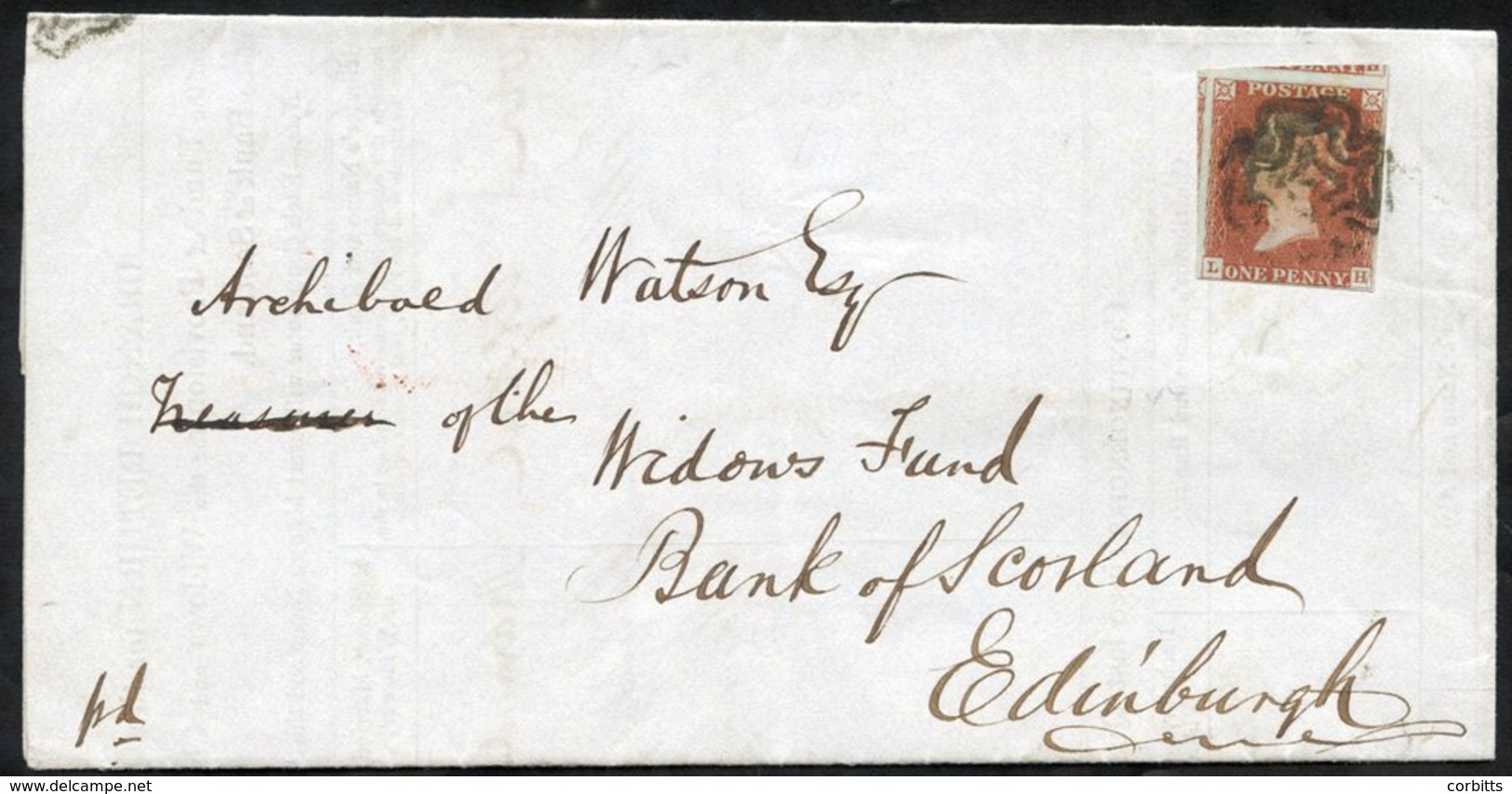 1844 Bank Of Scotland Branch Return Form Kilmarnock To Edinburgh, Franked 1841 1d Red Pl.35 LH, Four Good To Large Margi - Other & Unclassified