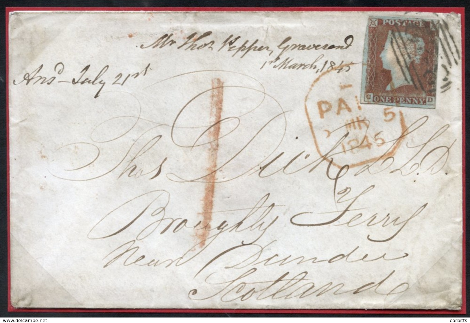 1845 1d Pale Red-brown CD (worn Plate) Pl.46 On Cover From Gravesend To Broughty Ferry, Dundee Via London & Edinburgh, D - Other & Unclassified