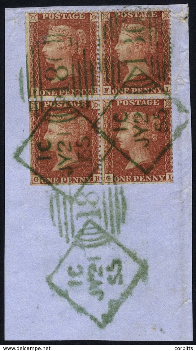 1855 1d Red-brown Wmk Small Crown P.16 VFU Block Of Four FK/GL, Neatly Tied To A Small Piece By Crisply Struck Green 'Du - Other & Unclassified