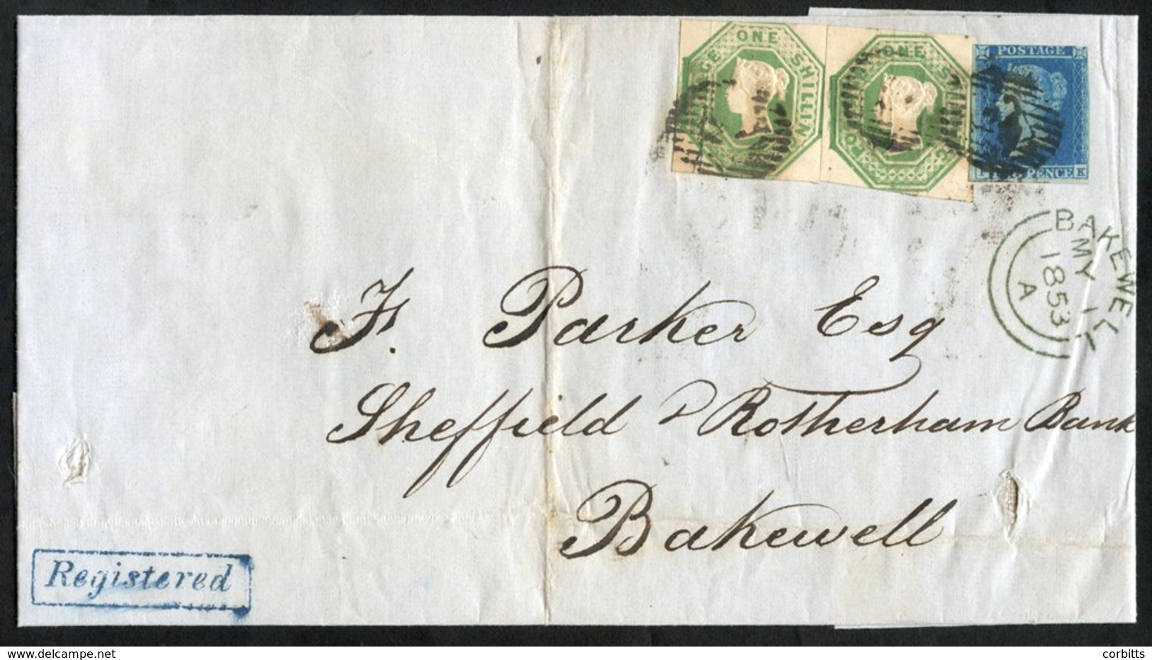 1853 Registered Outer Wrapper From London To Bakewell, Franked 1841 2d (cut Into), 1s Embossed (2), Cancelled Barred Ova - Other & Unclassified