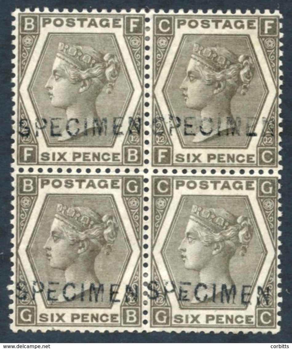 1873 6d Grey Plate 12 Fresh Unused Block Of Four Each Optd SPECIMEN Type 6, A Few Short Perfs But An Attractive Block. S - Other & Unclassified