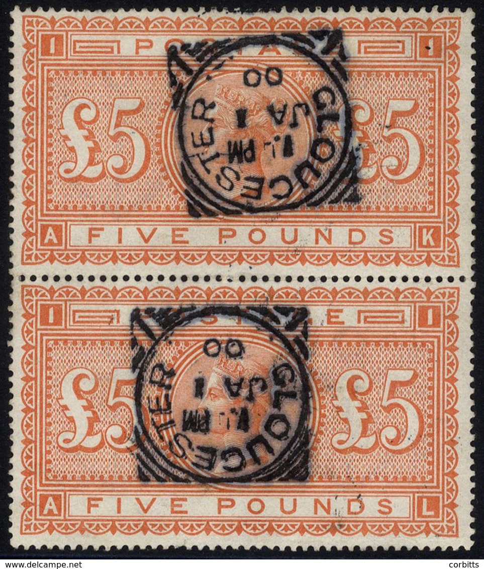 1867-83 £5 Orange AK/AL Vertical Pair, VFU Each With A Gloucester Squared Circle D/stamp For JAN.1.00, Superb & Very Att - Other & Unclassified