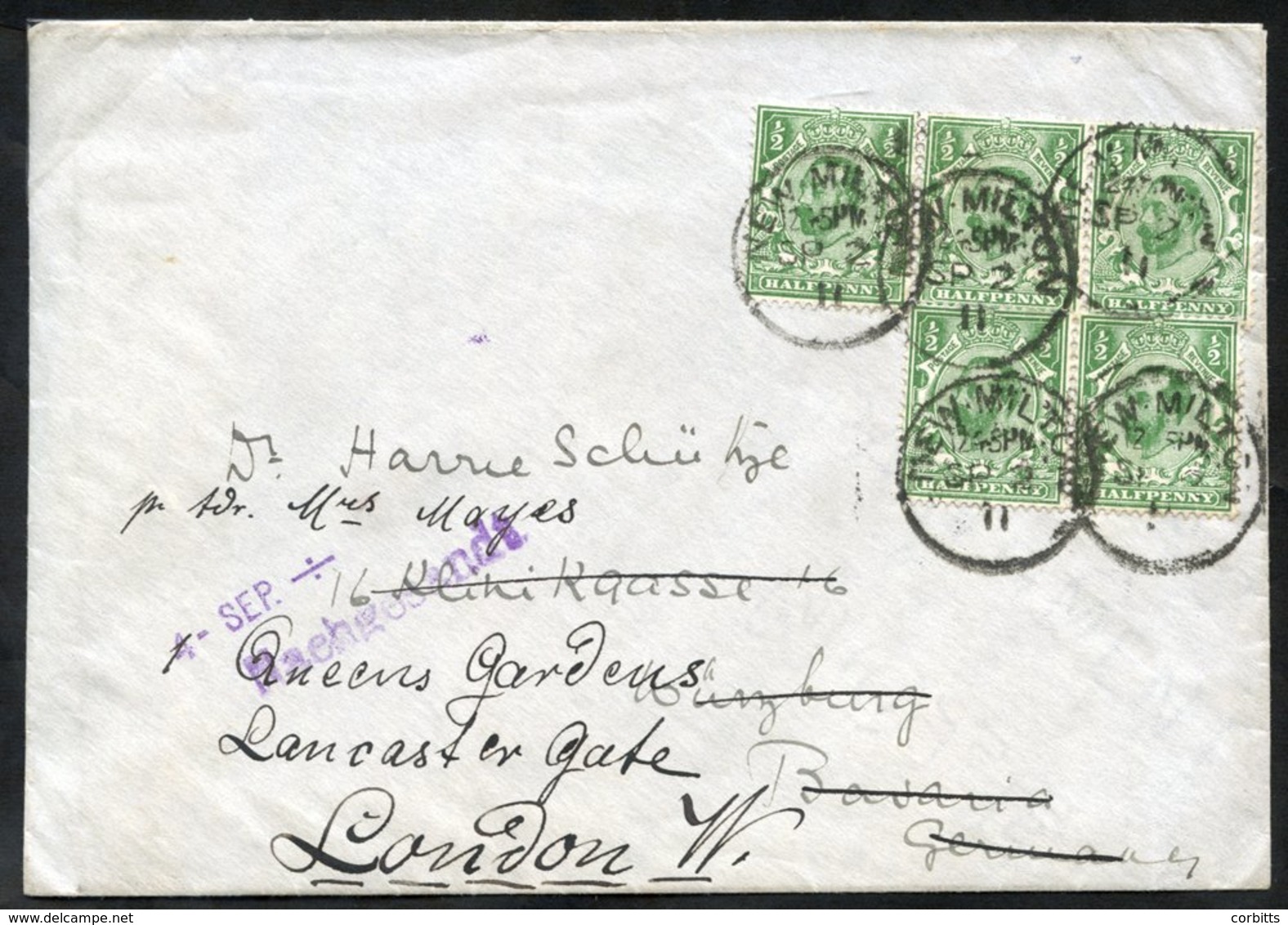 1911 ½d Bluish Green Wmk Crown Die IA, Fine Examples On A Cover (incl. Strip Of Three) From New Milton Addressed To Bava - Other & Unclassified