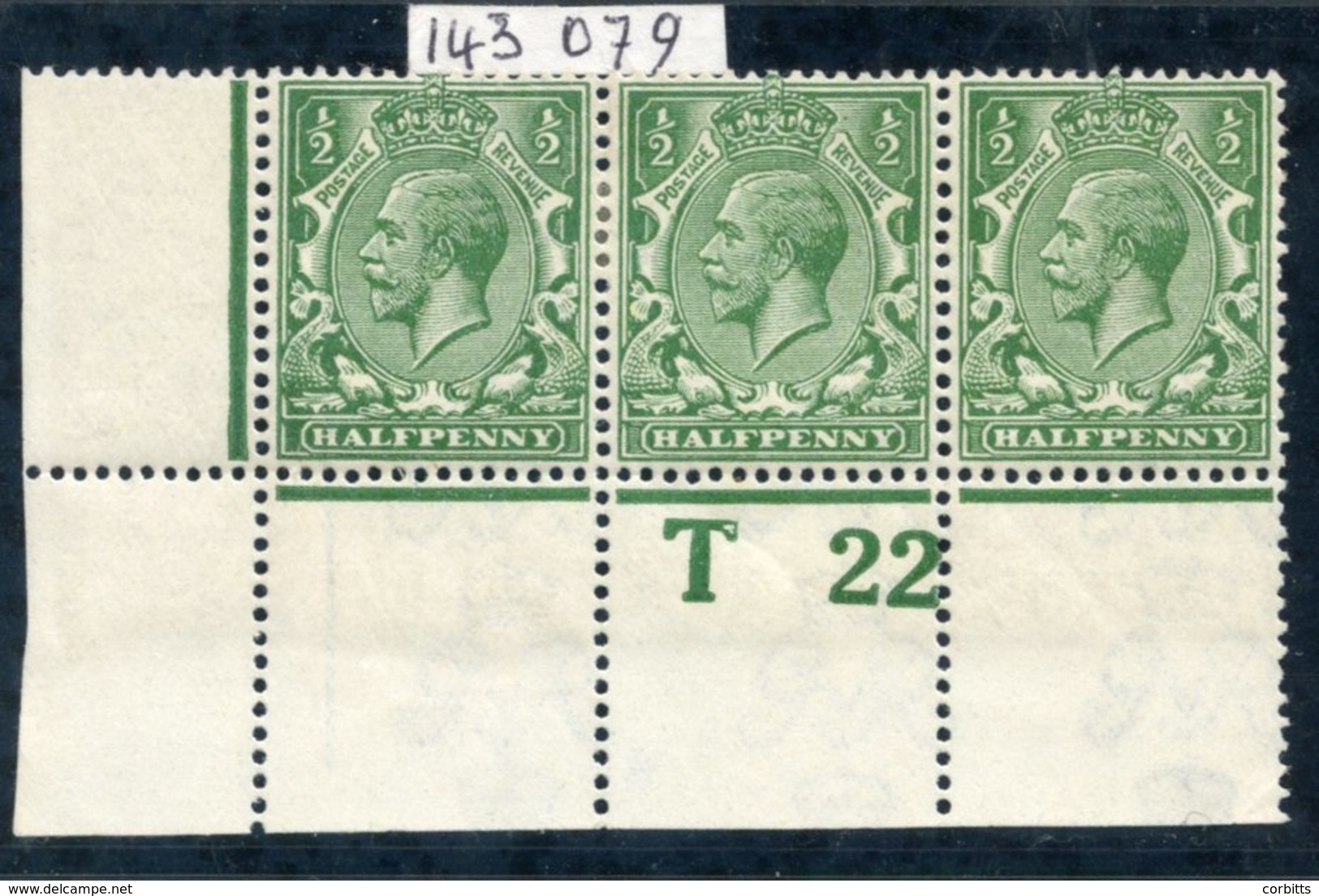 1922 ½d Deep Cobalt-green Corner Marginal Control 'T22 Perf' Strip Of Three (2 Stamps Hinged), Spec.N14(18), RPS Cert. 1 - Other & Unclassified