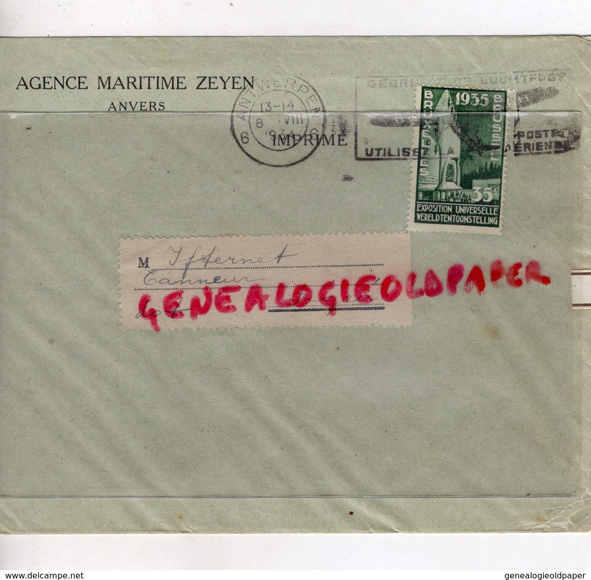 BELGIQUE- ANVERS- ENVELOPPE AGENCE MARITIME ZEYEN- ANTWERPEN- 1934- A IFFERNET TANNEUR A FIGEAC-TANNERIES-BRUXELLES - Artigianato