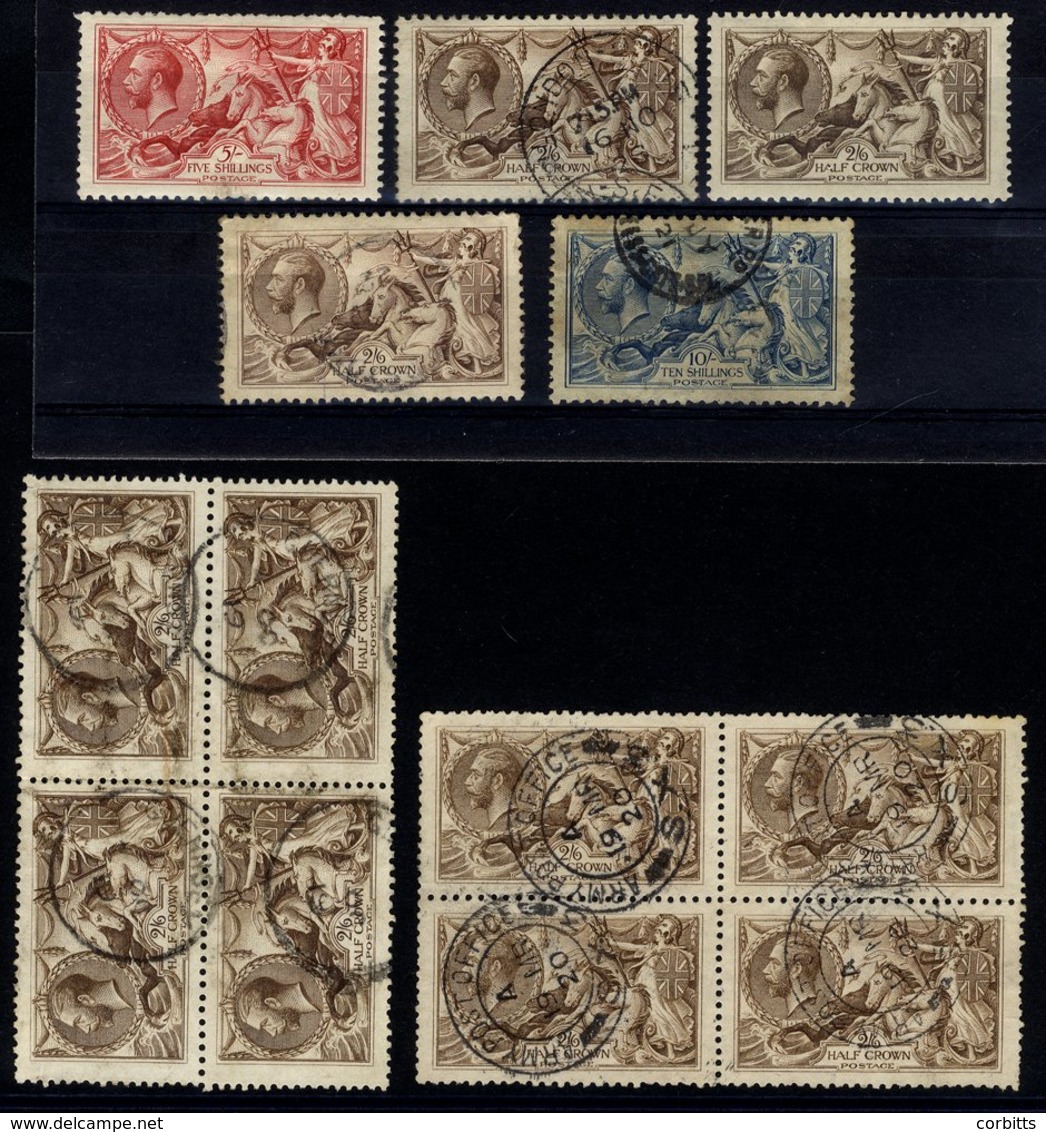 1918 Bradbury 2/6d Brown & 5s Rose M Examples (some Small Faults), Also 2/6d Brown  U Blocks Of Four (2) - One With 'Arm - Other & Unclassified