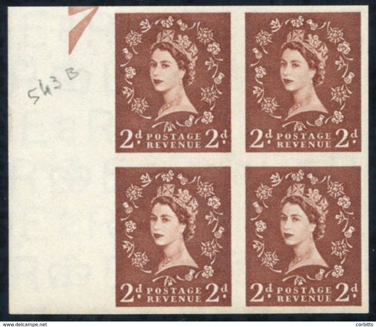 1955-58 St. Edward Crown 2d Light Red Brown, Left Side Marginal Imperf Block Of Four From The 'Dartford' Sheet, Pencil N - Altri & Non Classificati