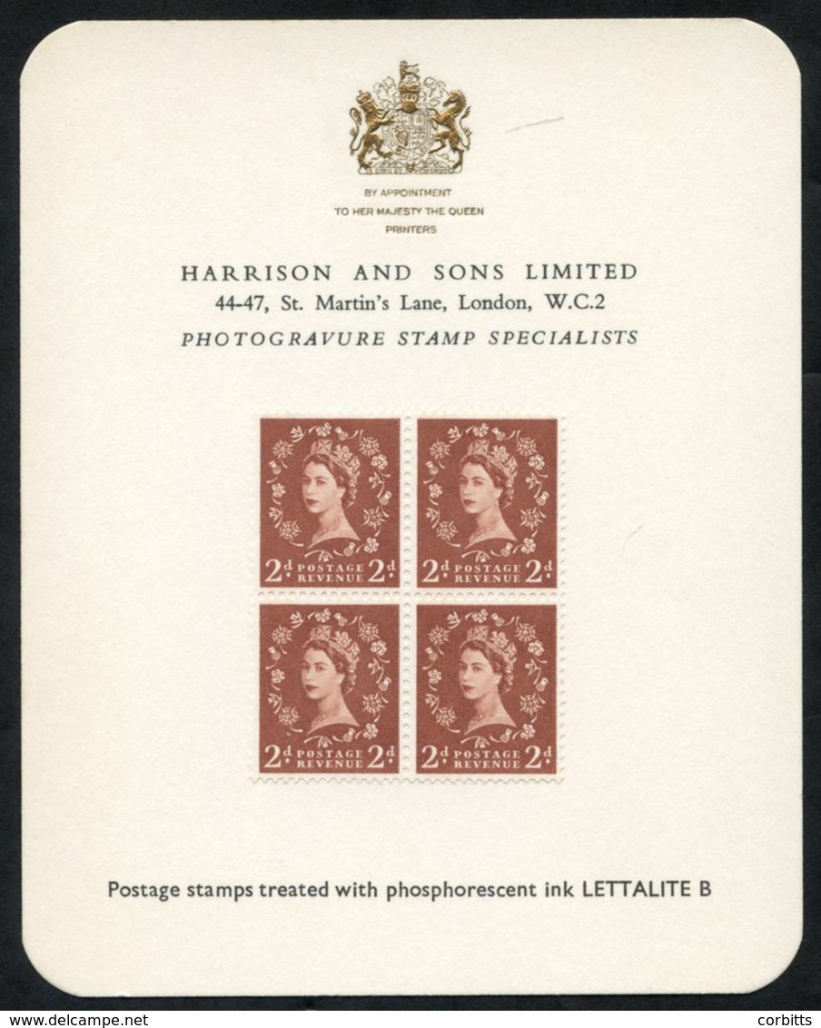 1961 Harrison & Sons Ltd Printed Presentation Card Bearing A Block Of Four 2d Wildings Wmk Crowns With Left Side Phospho - Other & Unclassified