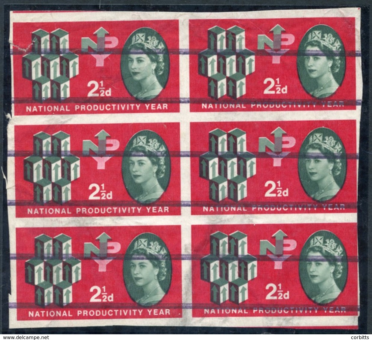 1962 N.P.Y 2½d Imperf Block Of Six Each With Two Horizontal Black Bars, Faults Incl. Some Creasing, Closed Tear Etc. SG. - Other & Unclassified