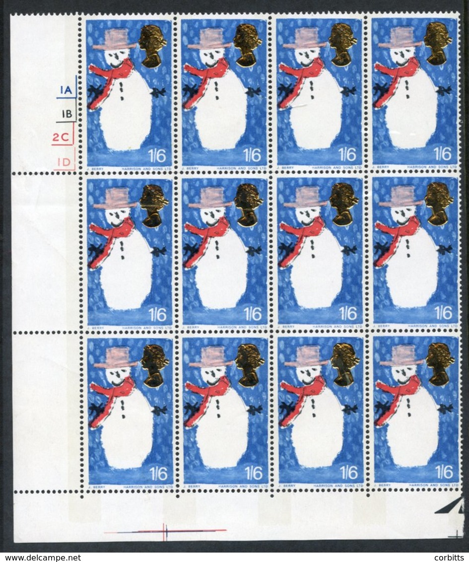 1966 Christmas 1/6d Phosphor Wmk Inverted UM Lower Left Corner Marginal Cylinder Block Of Twelve, Some Minor Gum Bends H - Other & Unclassified