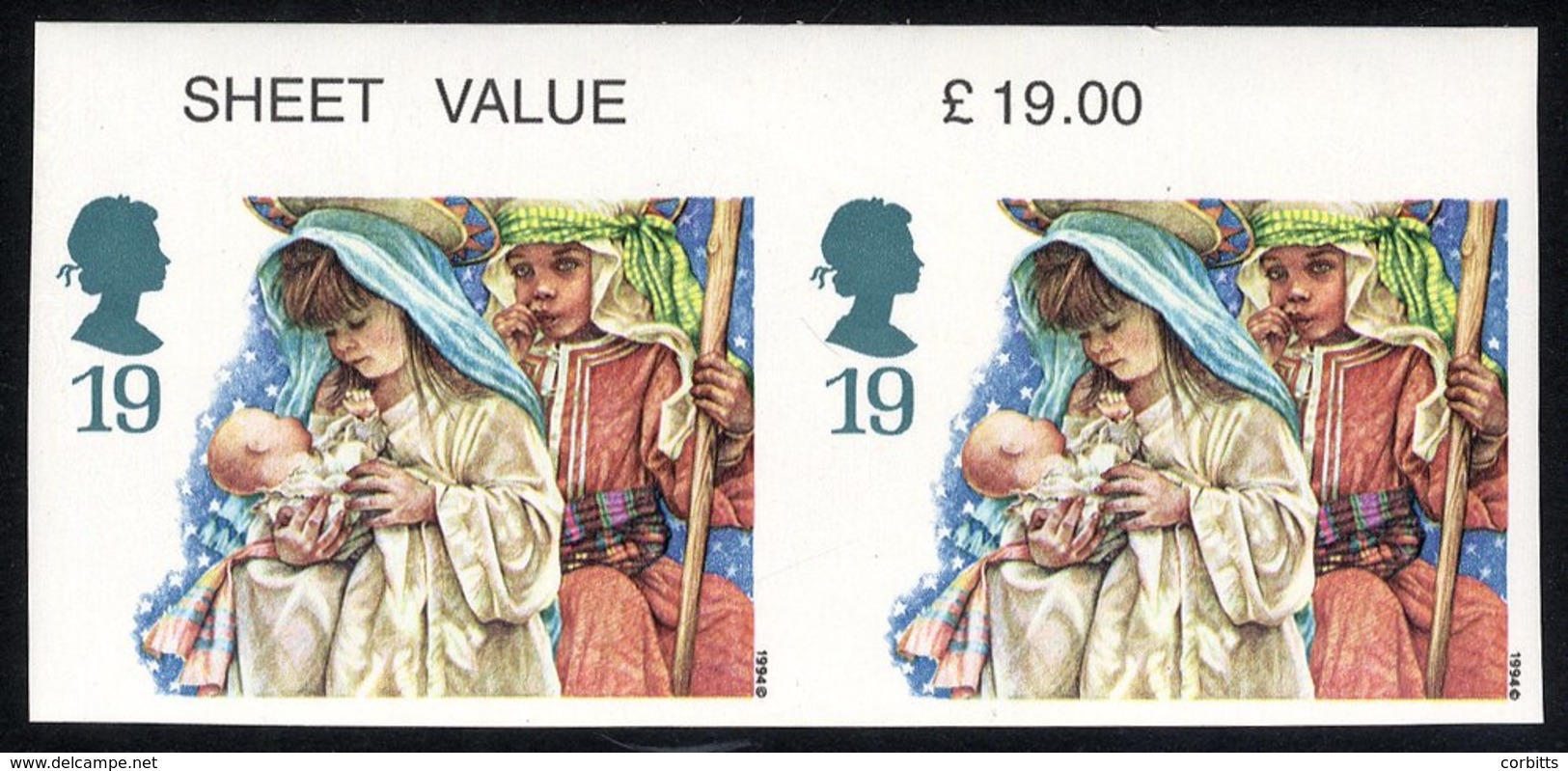 1994 Christmas 19p, Fine Top Marginal UM Imperf Pair, SG.1843a. (2) Cat. £175 - Other & Unclassified