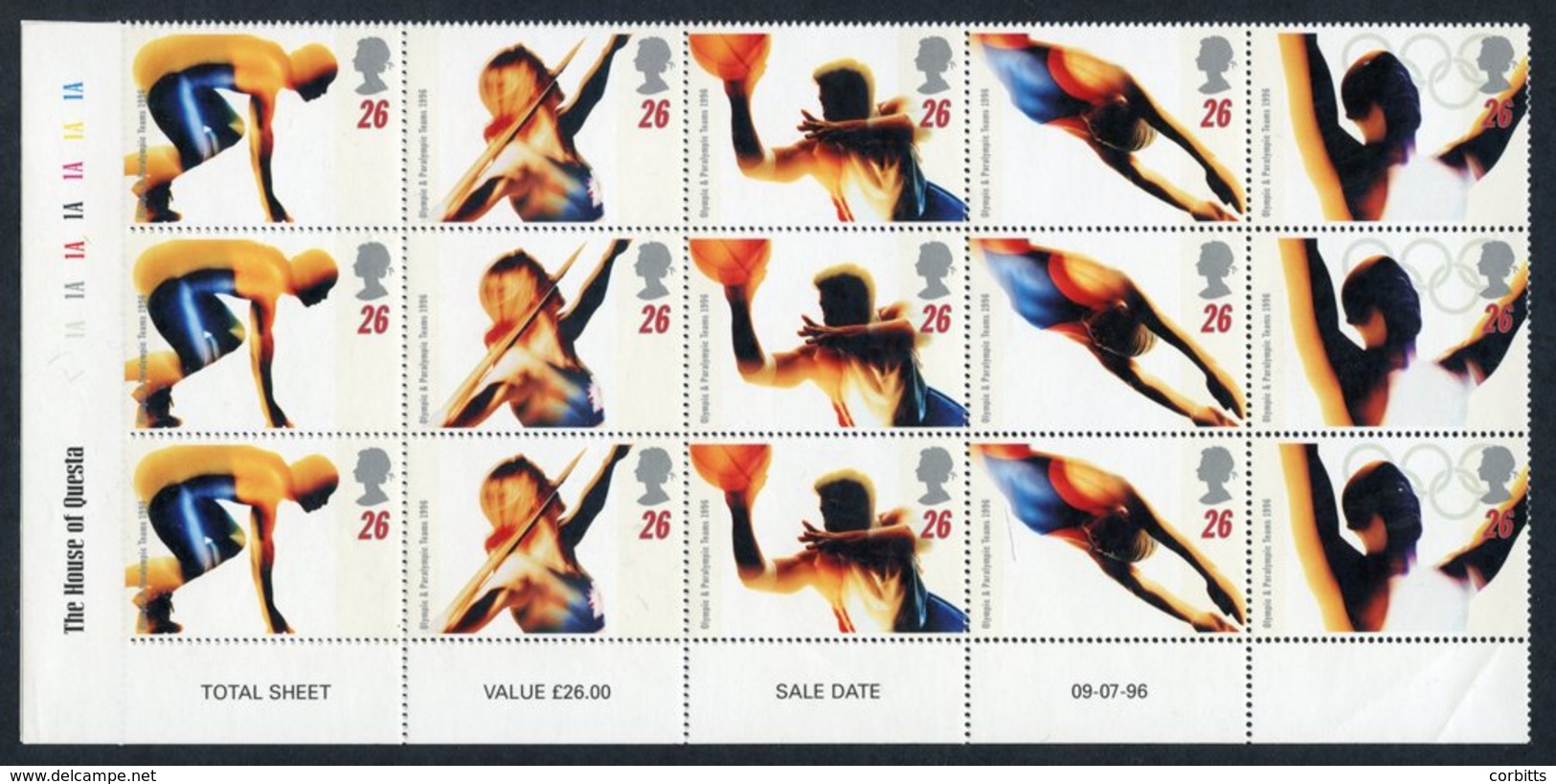 1996 Olympic Games 26p Complete Three Rows From Base Of Sheet, Variety Imperf Between Stamp & Left Margin, Fine, SG.1930 - Other & Unclassified