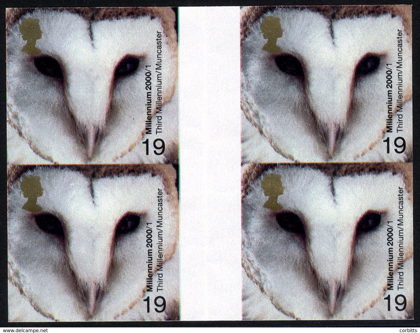 2000 Millennium Projects 19p Barn Owl Imperf Proof Gutter Block Of Four (crease Through Gutter Margin), Some Wrinkles Ma - Altri & Non Classificati