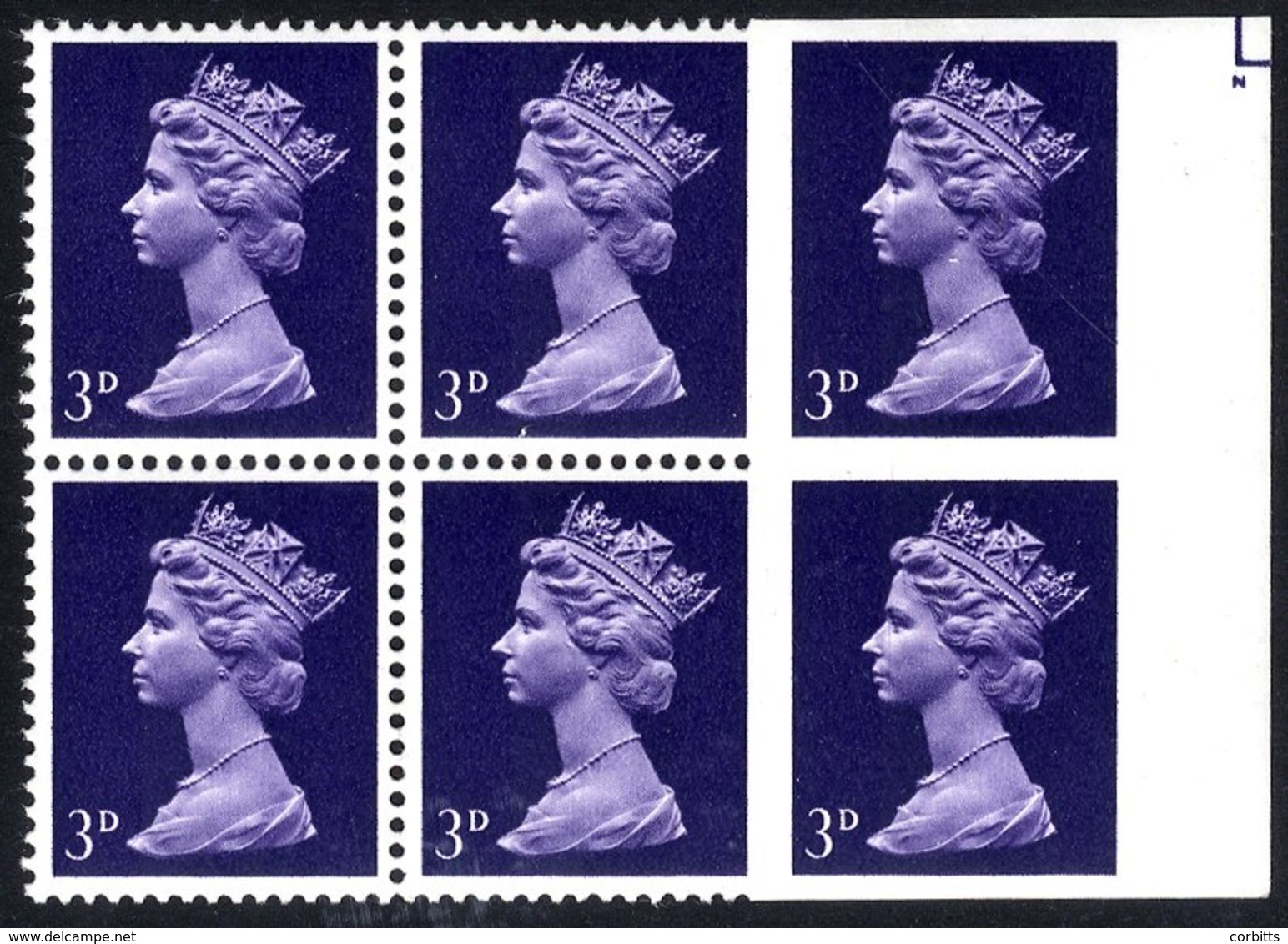 1967 3d Violet (centre Band) UM Right Side Marginal Block Of Six, The Right Hand Vertical Pair Completely Imperf, SG.729 - Other & Unclassified