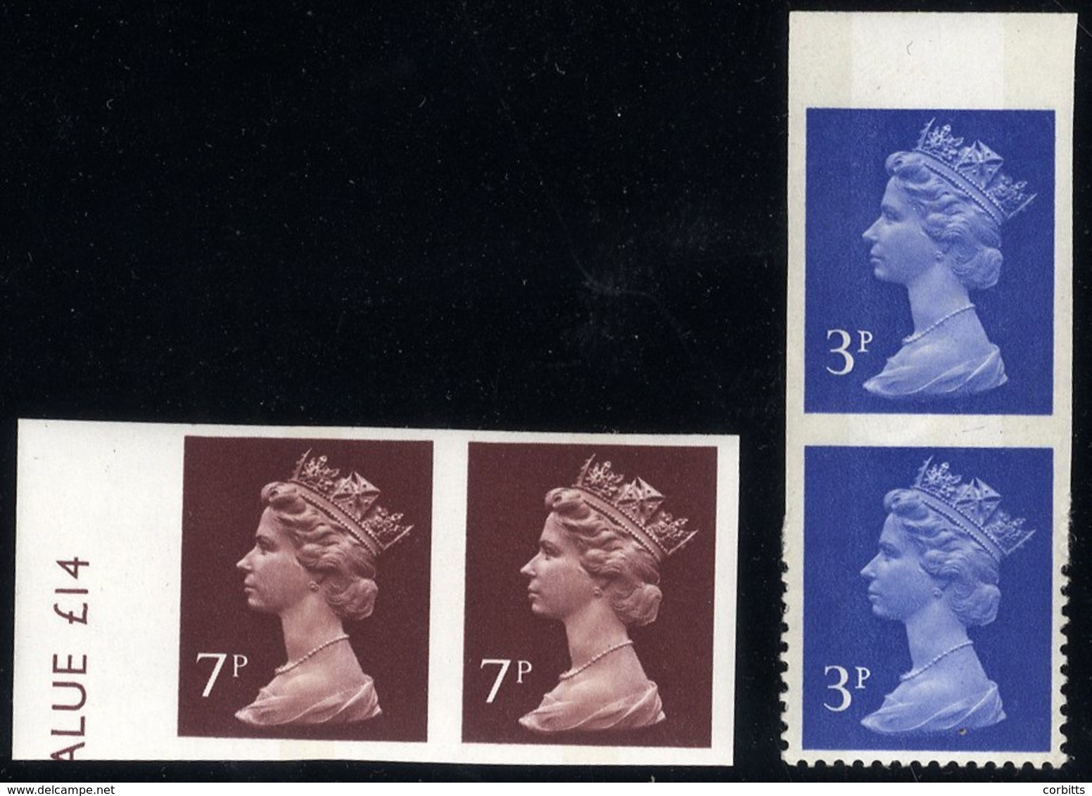 1971-96 7p Purple Brown (1 Centre Band), Imperf Marginal Pair UM, SG.X875a, Also 3p Top Marginal Vertical Pair With Top  - Other & Unclassified