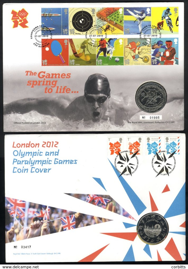 COIN COVERS Range Of 39 £5 Coin Covers (41 Coins) Incl. Olympics, Royalty Etc. Face Value Of Coins Alone Is £205. - Other & Unclassified