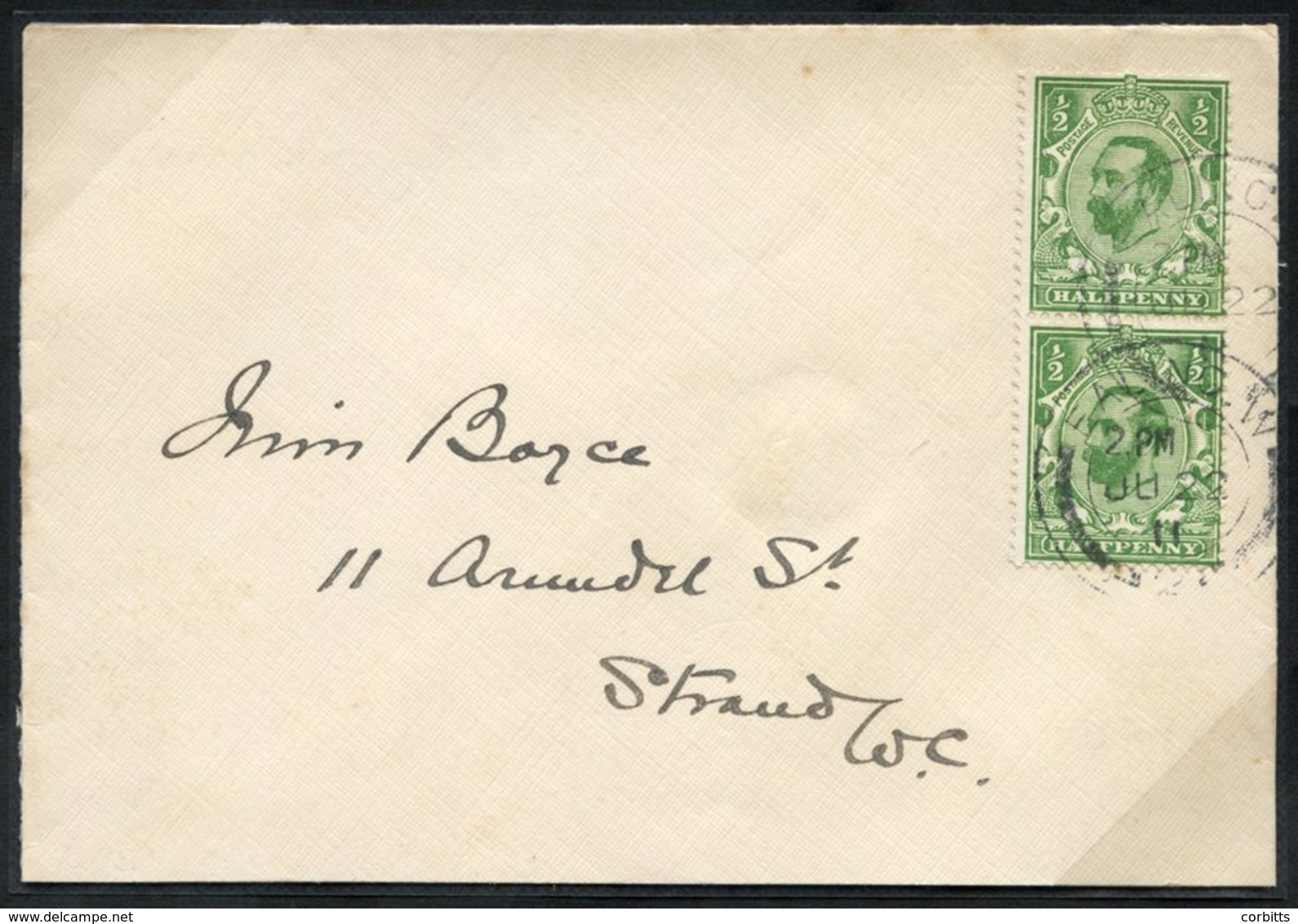 1911 ½d Green Wmk Crown Die IA (SG.322) First Day Cover, Vertical Pair On A Neat Envelope Addressed To The Strand And Ca - Altri & Non Classificati