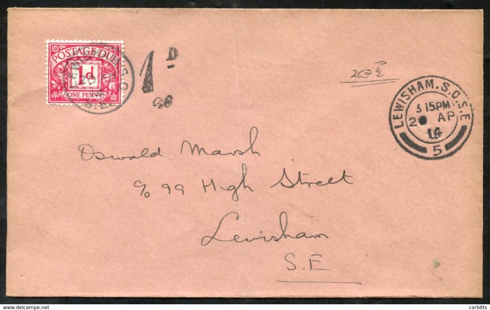 1914 Postage Due 1d Carmine (SG.D2) Tied To A Cover By Lewisham C.d.s. On The First Day Of Issue 20th April 1914. Rare. - Altri & Non Classificati