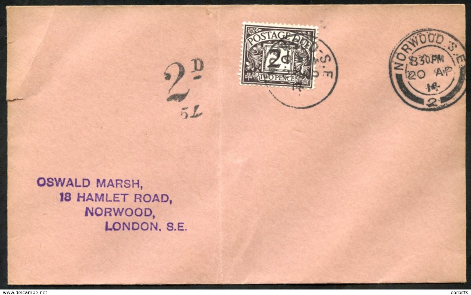 1914 Postage Due 2d Agate (SG.D4) Tied To A Cover By Norwood C.d.s. On The First Day Of Issue 20th April 1914, Envelope  - Altri & Non Classificati